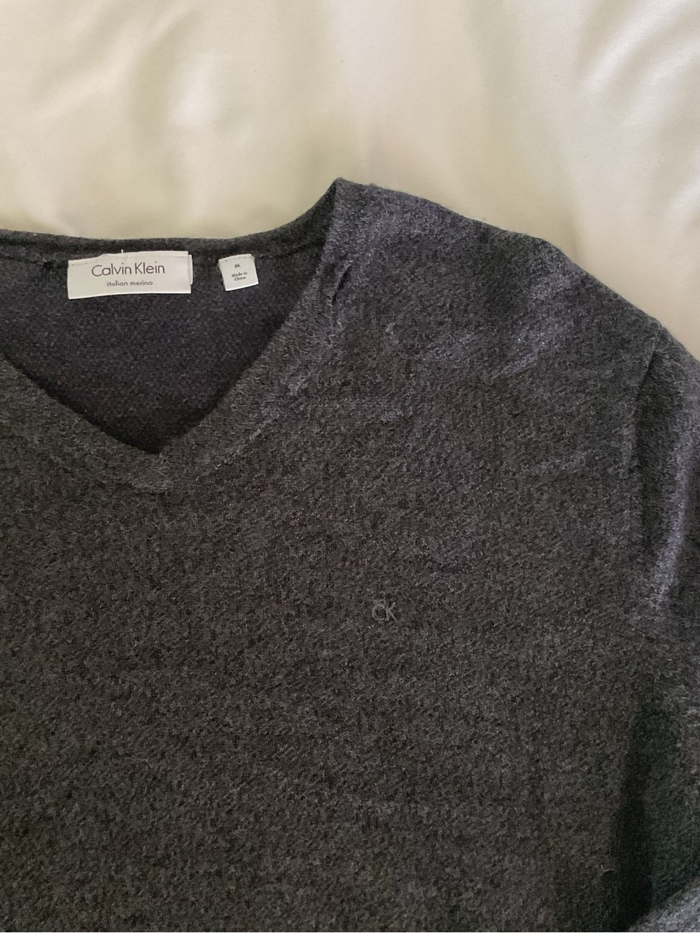 Calvin Klein Italian Merino Wool V-Neck Sweater Dark Charcoal Grey Size Medium
